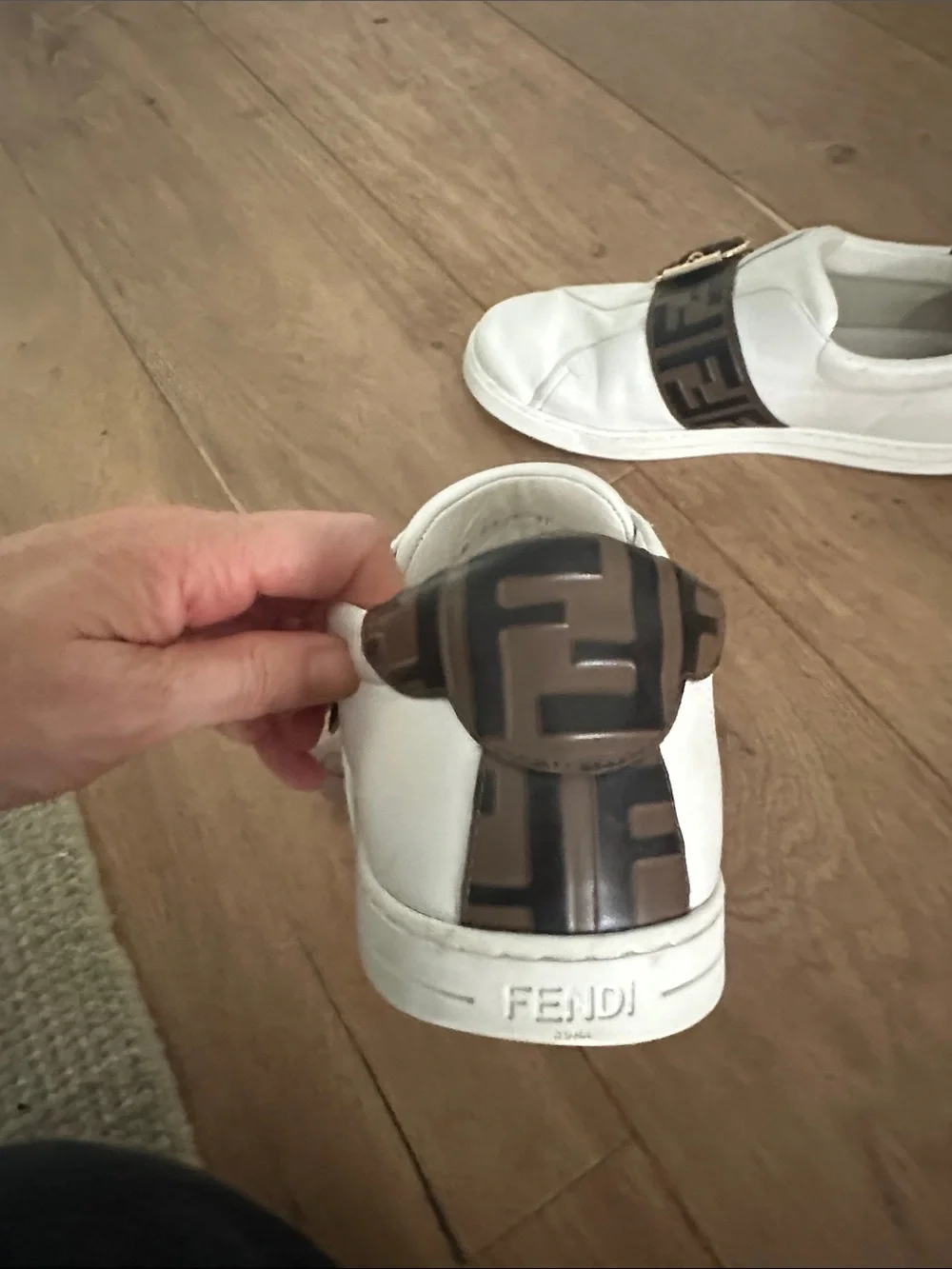 Fendi White Leather Sneakers with Brown FF Logo Strap and Gold Buckle